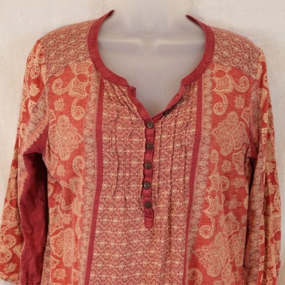 Lucky Brand Orange Fall Boho Layered Look Top Small Lightweight Colorful Print - Picture 2 of 9